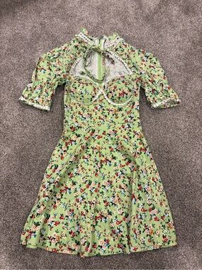 Tiffany Studios Green Floral Tie-Neck Mini Dress with Sweetheart Bodice